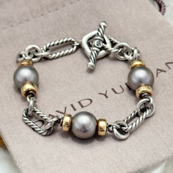 David Yurman .925 18K Gold Tahitian Pearl Figaro Chain Bracelet - Picture 3 of 12